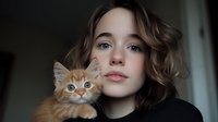 Young Caucasian woman with brown wavy hair wearing black sweater holding ginger Maine Coon kitten with blue eyes, intimate portrait in natural light against dark background.