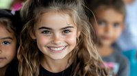 Smiling young Caucasian girl with long brown hair and bright eyes among diverse group of children in classroom setting.