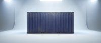 Dark blue shipping container positioned in minimalist white studio space with soft overhead lighting, suitable for logistics, cargo, transportation, and industrial business concepts.