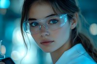 Young Asian female scientist wearing protective eyewear in laboratory setting with dramatic blue lighting and bokeh effect background, close-up portrait.