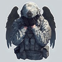 Military soldier in tactical gear with dark angel wings, wearing combat helmet and protective equipment against gray background, stylized digital art.