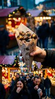 Hand holding paper cone filled with roasted chestnuts at festive Christmas market with warm bokeh lights and holiday atmosphere in evening.