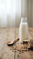 Fresh soy milk in glass bottle with soybeans and wooden spoon on rustic table. Healthy plant-based dairy alternative for vegan lifestyle and nutrition.