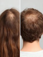 Before and after comparison of hair loss treatment showing significant improvement in crown density and coverage on brown hair against neutral background.