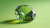Sparkling green diamond gemstone with brilliant facets and crystal clarity on soft green background casting delicate shadow, luxury jewelry concept.