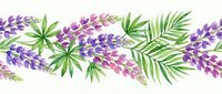 Watercolor lavender flowers with green leaves seamless border pattern on white background for wedding invitations and botanical design projects.