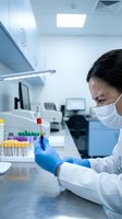 Asian female scientist in protective mask and gloves conducting blood test analysis in modern laboratory with test tubes and medical equipment.