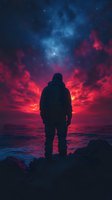 Silhouette of person standing on rocky shore against dramatic red and blue sunset sky with stars, reflecting in ocean waters. Atmospheric nature landscape.