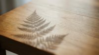 Fern leaf shadow cast on wooden surface, creating natural botanical pattern and texture for design projects.