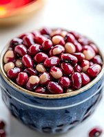 Fresh adzuki red beans in traditional blue ceramic bowl, close up view showing natural texture and color variation of raw legumes for Asian cuisine.