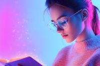 Young Asian woman in glasses reading book under neon lighting, profile view against pink and blue gradient background, wearing cozy sweater. Modern cyberpunk style portrait.