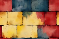 Abstract watercolor blocks in yellow, red, and blue create geometric pattern with textured edges and soft color blending, suitable for modern wall art and design projects.