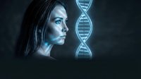 Young Caucasian woman scientist profile with glowing blue DNA double helix structure for genetic research and biotechnology concepts.