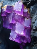 Purple fluorite crystal cluster formation with cubic geometric shapes embedded in dark rock matrix for mineral collection and geology education.