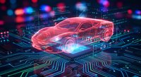 Futuristic red sports car hologram with glowing circuit board patterns and digital interface elements for automotive technology and innovation concepts.