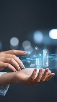 Hands protecting holographic data analytics charts and graphs with network connections for business intelligence and digital transformation concepts.