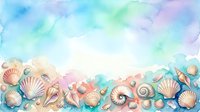 Watercolor seashells border with pastel rainbow background. Coastal marine life frame with scallops, conch shells and starfish for summer designs.