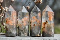Clear quartz crystal points with natural orange inclusions and raw bases arranged in row on wooden surface against blurred floral background.