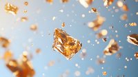 Golden ice cubes and water drops floating in air against blue background, dynamic motion capture with splashing liquid and frozen moments.