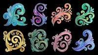 Colorful ornamental swirl flourishes set, isolated on transparent background. Eight decorative scroll elements for clipart, stickers, t-shirt design, sublimation, and print on demand.