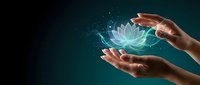 Hands holding glowing lotus flower with sparkling light particles on teal background, representing wellness, meditation, healing, and spiritual growth for wellness and mindfulness content.