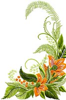 Elegant tropical floral corner arrangement with orange exotic flowers, green palm leaves and decorative swirls on white background, perfect for wedding invitations and greeting cards.