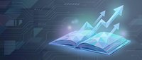 Open book with glowing holographic growth charts and upward arrows emerging from pages against futuristic digital circuit board background for business education.