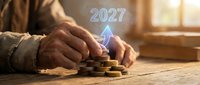 Elderly man stacking gold coins on wooden table with glowing 2027 arrow hologram, symbolizing financial growth and investment planning.