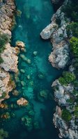 Aerial view of crystal clear turquoise water flowing between rocky cliffs, with scattered boulders and green vegetation along limestone formations creating natural patterns.