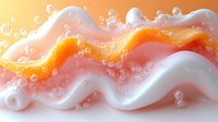 Abstract fluid art with orange and white wavy layers creating dynamic motion, surrounded by bubbles against warm gradient background.