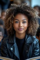 Young African American woman with natural curly hair wearing black leather jacket and sweater smiling confidently at camera, modern urban lifestyle portrait.