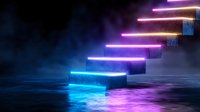 Glowing neon steps rising in dark foggy space with vibrant blue and pink light reflection on water surface, futuristic minimal stairway concept for success.