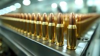 Rows of brass ammunition cartridges lined up on metallic surface with shallow depth of field and bokeh lights in background, highlighting military supplies.