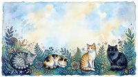 Watercolor cats sitting among decorative floral border with blue roses and botanical elements on textured paper background for greeting cards.