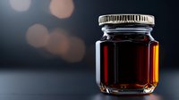 Glass jar with golden honey or maple syrup on dark background with bokeh lights, minimalist food photography composition for packaging and advertising.
