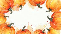 Watercolor pumpkin frame with orange gourds and autumn splashes on white background. Fall harvest border for seasonal greeting cards and decorations.