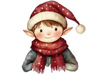 Cute Christmas elf with pointed ears wearing red Santa hat and scarf with white polka dots, smiling warmly against white background for holiday designs.
