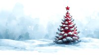 Snow-covered Christmas tree with red star in winter wonderland scene with falling snowflakes and frosty landscape for holiday greeting cards and decorations.