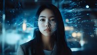 Young Asian woman surrounded by futuristic digital interface elements and glowing data streams in dark blue environment with bokeh lights and tech visualization.
