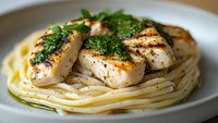 Grilled scallops with fresh herbs and butter sauce served on bed of spaghetti pasta, close up view on white plate showing texture and grill marks.