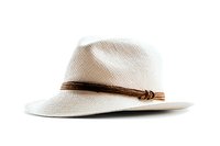 Classic white panama hat with brown leather band on pure white background, isolated fashion accessory for summer style and travel designs.