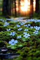 Delicate white wood anemones blooming on mossy forest floor at sunset, sunbeams filtering through trees creating magical spring atmosphere in woodland.