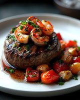 Grilled beef steak topped with seared shrimp, roasted cherry tomatoes, and fresh herbs on white plate. Fine dining surf and turf entree for restaurant menus and food photography.