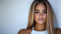 Young mixed-race woman with long blonde highlighted hair and natural makeup wearing white top against light blue background.
