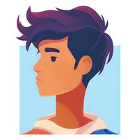 Side profile portrait of young Asian male character with purple hair against light blue background, stylized minimal art design for animation and gaming projects.