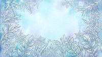 Frost-covered plants and crystalline ice formations frame a serene winter landscape with soft blue and purple tones, suitable for seasonal backgrounds and holiday designs.