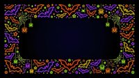 Neon Halloween border frame with glowing bats, spiders, pumpkins and hanging decorations on black background, isolated design element for seasonal graphics and party invitations.