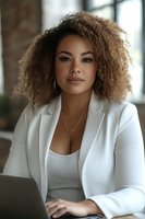 Professional mixed-race businesswoman with curly hair wearing white blazer in modern office setting for corporate and career success concepts.
