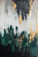 Abstract expressionist painting featuring deep emerald green brushstrokes against stormy gray background with golden accents, creating dramatic vertical movement and texture.