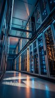 Modern data center server room with illuminated racks and glass panels creating futuristic technology infrastructure for cloud computing and digital storage.